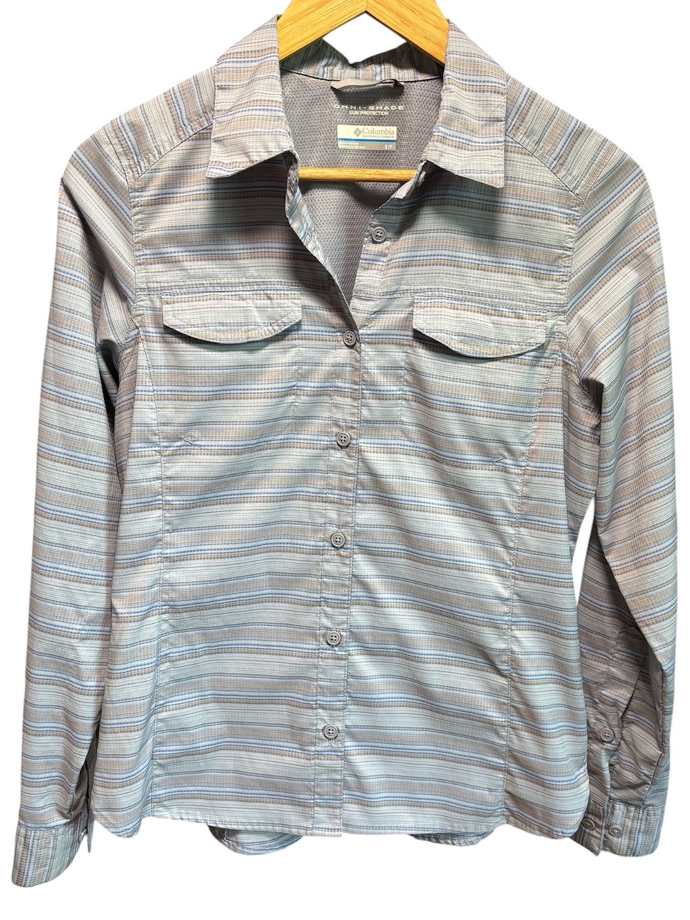 Columbia Omni-Shade striped hiking shirt with roll up sleeves, small